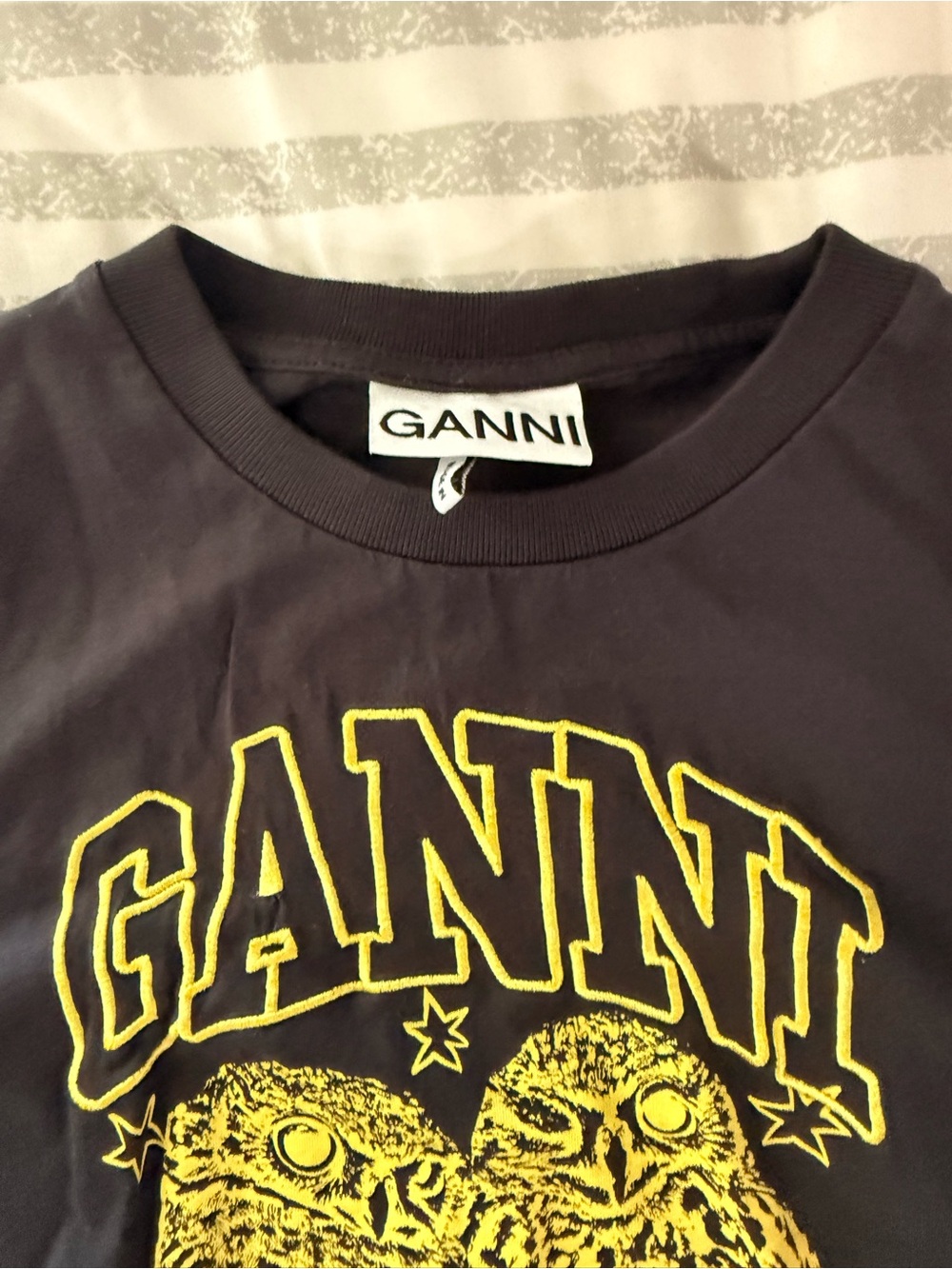 Ganni Black Short-Sleeve Tee with Yellow Owl Graphic - Picture 2 of 3